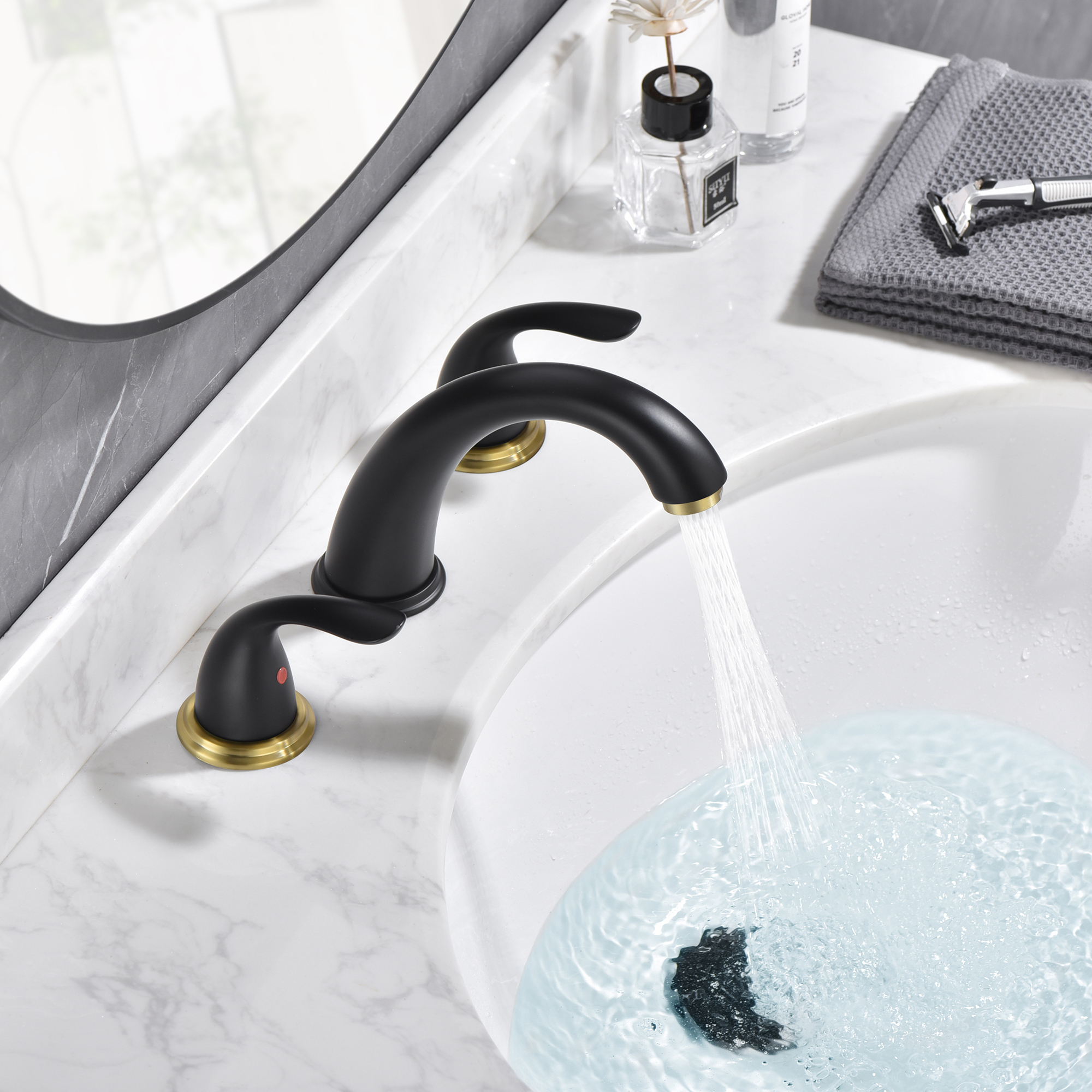 sumerain Two Handle Widespread Bathroom Sink Faucet, 3 Holes Bathroom Lavatory Sink Faucet,Black&Gold