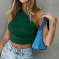 thumbnail image 5 of Women's Summer One Shoulder Crop Tops Sleeveless Solid Color Ruched Tank Tops Vest Blouses for Beach, Holiday, 5 of 7