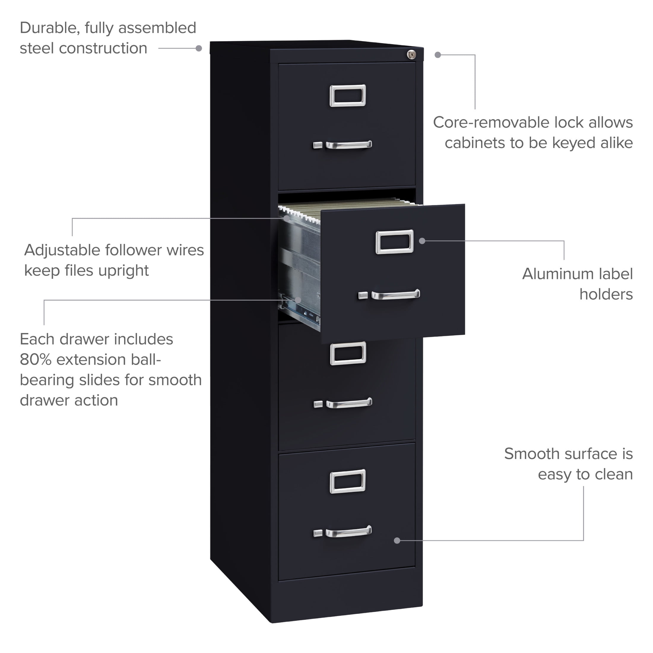 Hirsh 4 Drawer Letter Locking Metal Vertical File Cabinet, 22" Deep, Black