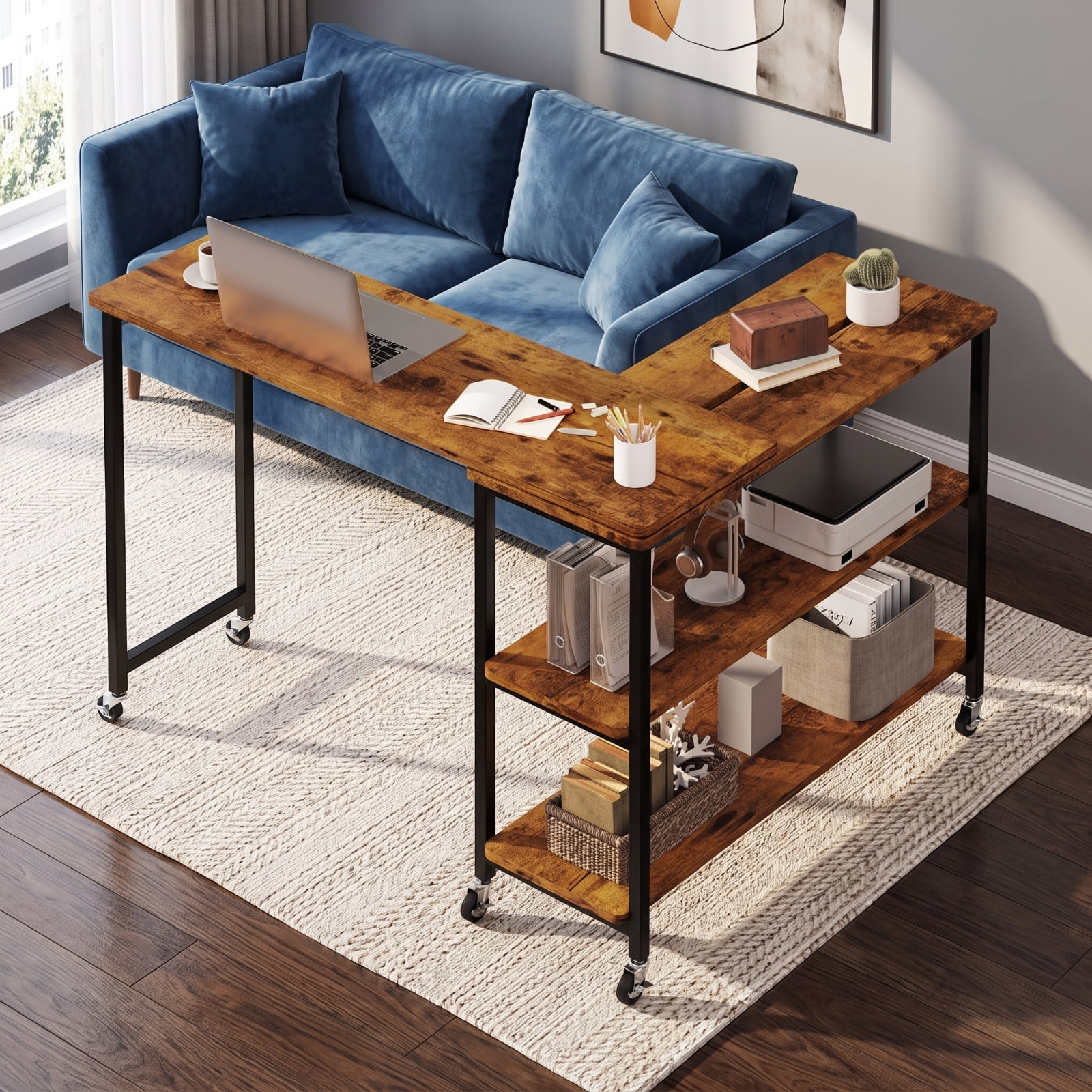 Furnibear Large 360 Degree Rotating Sofa Side Table with Lockable Wheels and Two Tier Storage Shelf for Living Room Office and Entryway, Brown