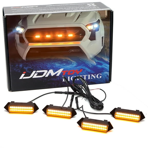 4pc Black-Out Smoked Lens Amber Yellow Full LED Front Grille Mesh Mount Marker Clearance Light Kit For 2024-up Toyota Tacoma TRD Sport, PRO, Off-Road or Pre-Runner