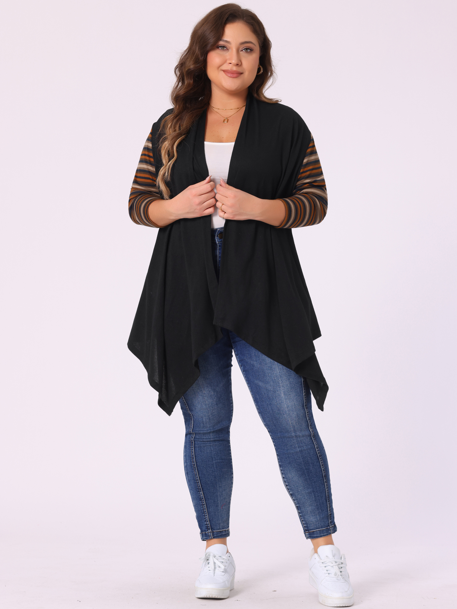 DARING DIVA Plus Size Striped Open Front Knit Cardigan Sweaters Shrugs 2X Black Brown