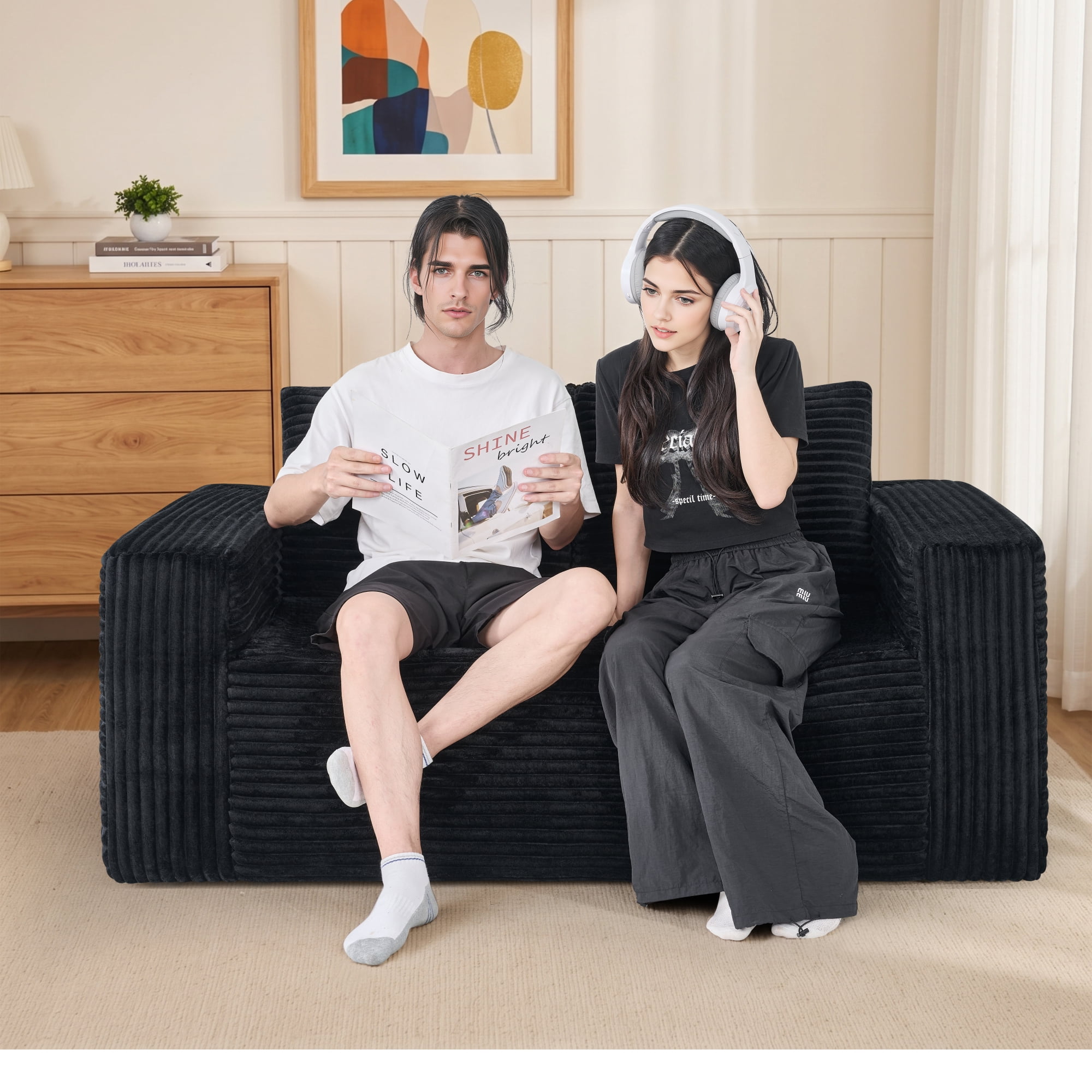 Leumius 63" Loveseat Sofa,Corduroy Upholstered Compressed Sofa 2-Seater Sofa Small Sofa for Small Spaces,Apartment,Living Room,Black