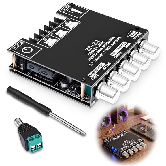 200W Stereo Amplifier Board- Bluetooth 5.1 Audio，2.1 Channel HiFi Subwoofer Power Amp Module with Treble & Bass Control – DC 12-24V for Home DIY Wireless Speaker