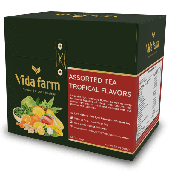 100 Assorted Tea Bags, 4 Unique Tropical Flavors, 16 Natural Ingredients Herbal Teas, Caffeine-Free, Perfect Gift Set or Daily Use