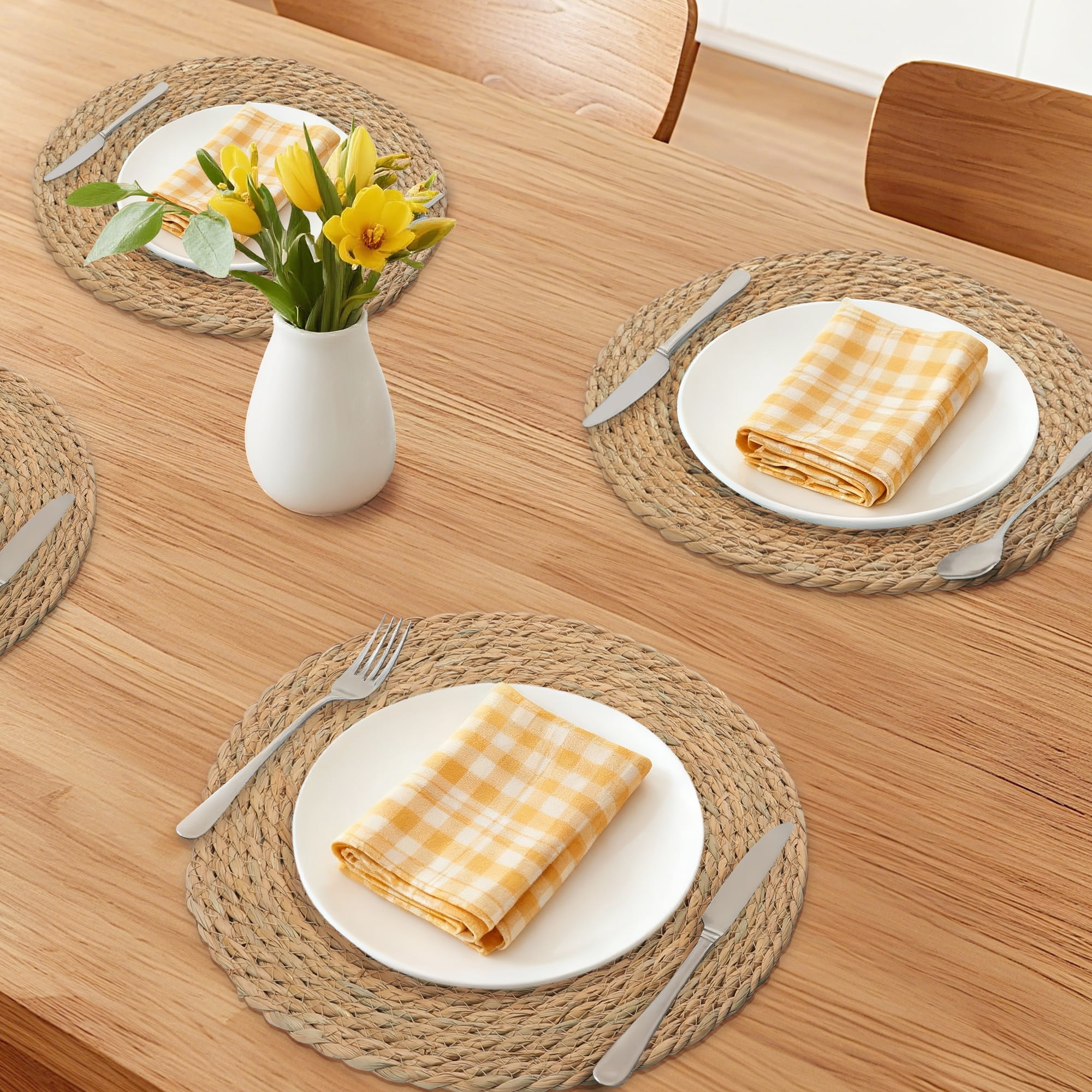 Unique Bargains Set of 6 Farmhouse Straw Woven Placemats Brown 13*13inch
