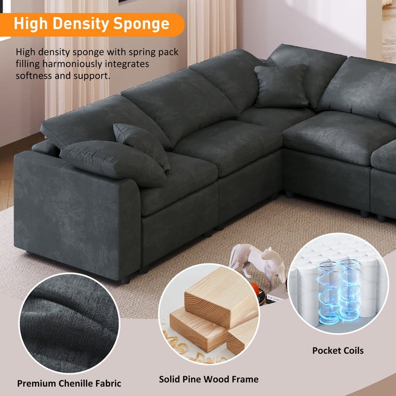 Extra Large 7-Piece Modular Solid Wood Frame Sectional Sofa Set w/ Movable Ottoman, L-Shaped Chenille Oversized Couch