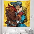 thumbnail image 1 of Western Tapestry, Steampunk Robots Western Style Cowboy Kisses the Girl Illustration Print, Fabric Wall Hanging Decor for Bedroom Living Room Dorm, 5 Sizes, Yellow and Brown, by Ambesonne, 1 of 1