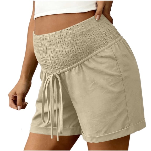 Miqool Maternity Shorts with Pockets Over The Belly Drawstring Casual Pregnancy Shorts for Athletic Yoga Workout