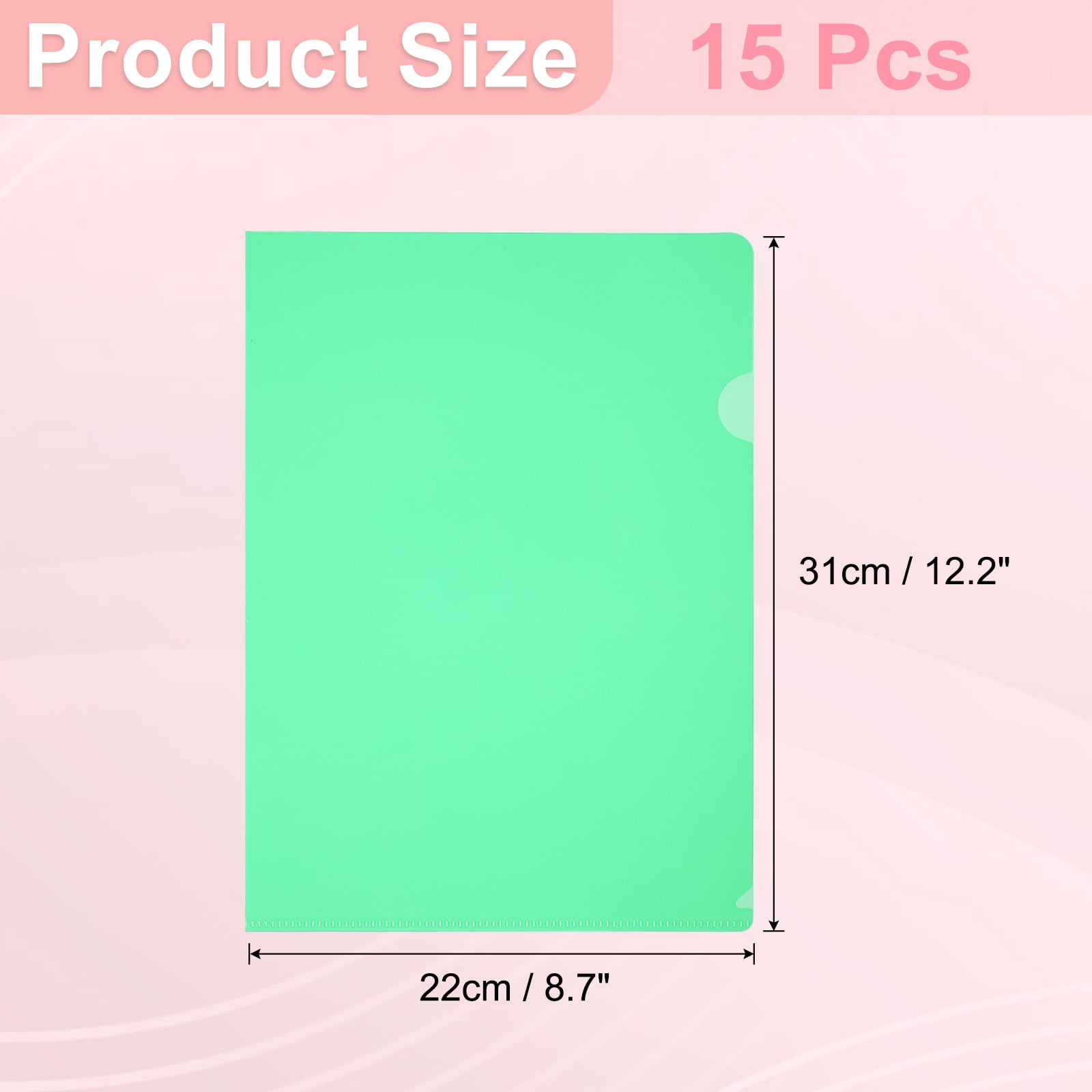 A4 Plastic Folders, 15 Pack Clear Folders L Type Project Pockets Paper Document Jacket Sleeves L Shaped Transparent for Documents Plastic Office File, 8.7x12.2in, Green