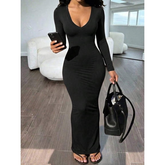 Women's V-Neck Long Sleeve Mermaid Maxi Dress, Solid Black Fitted Bodycon Elegant Dress