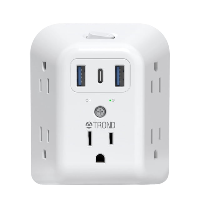 TROND Regleta de 2 Patillas con USB, Adaptador 2 a 3 Tomas, 5 Salidas con 3 Puertos USB, Protector 1440J, Interruptor ON/Off, Enchufe Polarizado, para Casas Antiguas sin Tierra
