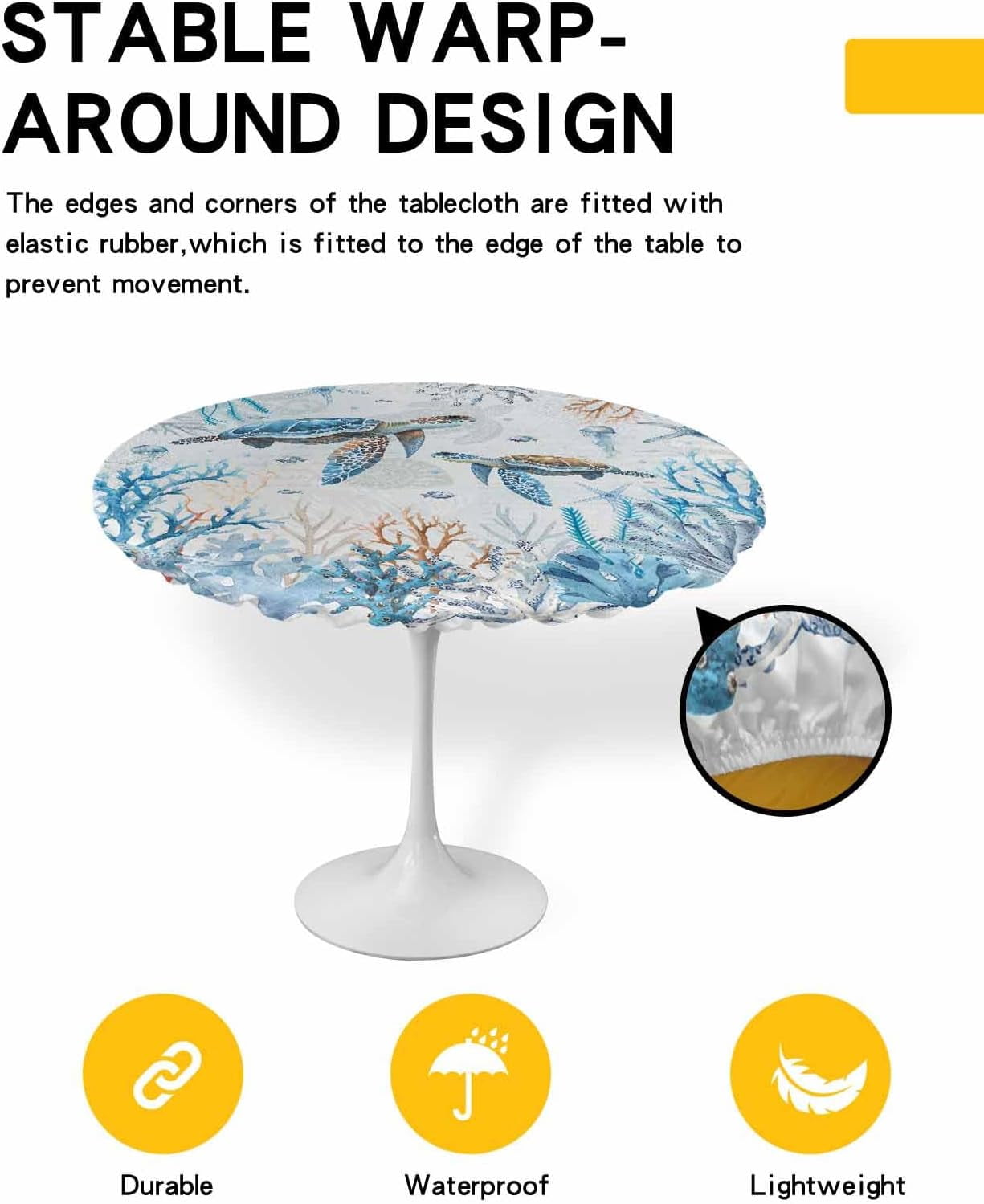 Coastal Turtle Round Tablecloth Fitted Table Cover, Elastic Tablecloths Waterproof Outdoor Indoor Stretch Cloth Tablecover for Dinner, Party, Shower, Nautical Blue Coral Vintage Coastal Summer 45-52IN