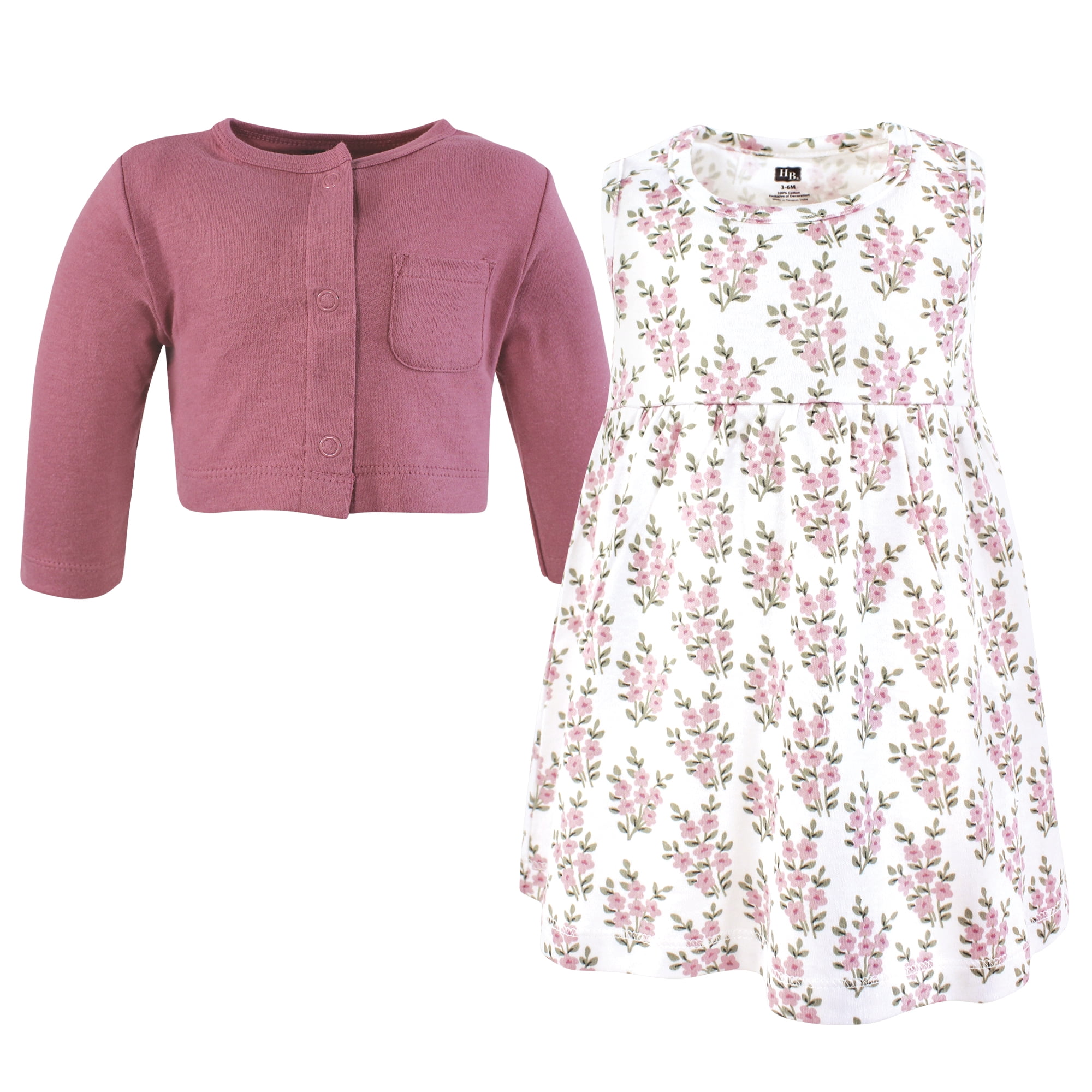 Hudson Baby Infant and Toddler Girls Cotton Dress and Cardigan Set, Plum Wildflower, 3T