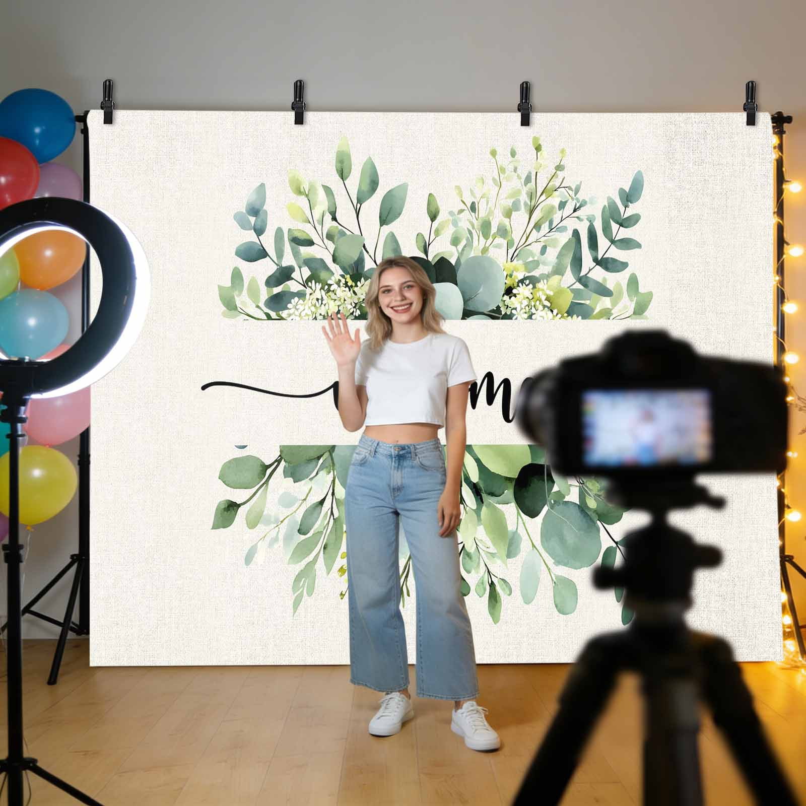Welcome Eucalyptus Leaves Photography Backdrop 7x5FT, Linen Texture Vintage Photo Backdrops, Background for Photography Studio Photo Studio Background, Back Drop for Photoshoot