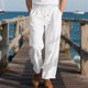 thumbnail image 1 of Pantalones largos de lino para hombre, informales, a la moda, transpirables, con cordón, cintura ajustada, piernas anchas, pantalones largos de rayón para hombre., 1 of 9