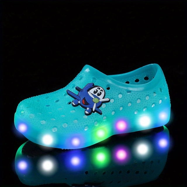 Infant Baby Boys Casual Light Up Slip On Clogs With Cute Cartoon Charms, Toddlers Outdoor Lightweight Anti-skid Hollow Out Clogs For Kids, Spring And Summer