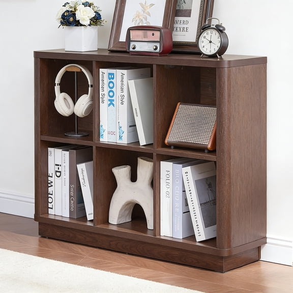 Buildhom 6-Cube 2-Tier Bookcase, 40" Wide Low Floor Standing Bookshelf with Curved Edge for Living Room, Office, Walnut