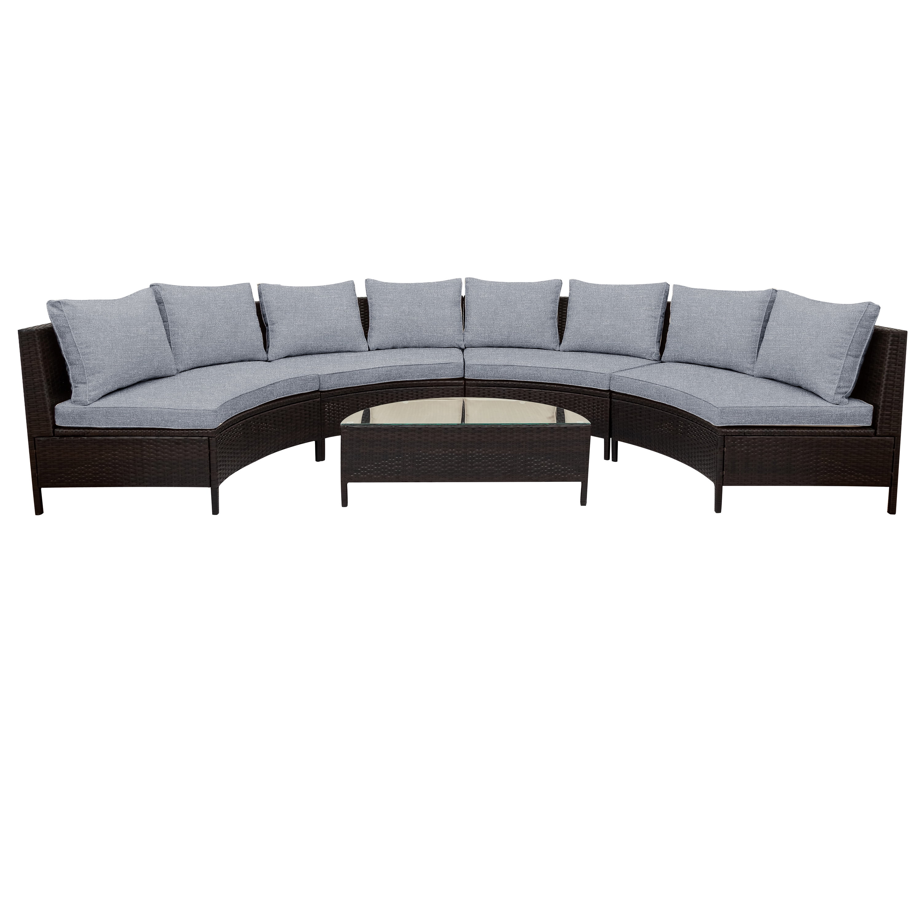 Harper & Bright Designs 5 Pieces Half Moon Outdoor Sectional Sofa Set, Patio All-Weather PE Wicker Furniture with Pillows, Cushions and Half-Moon Tempered Glass Table, Grey