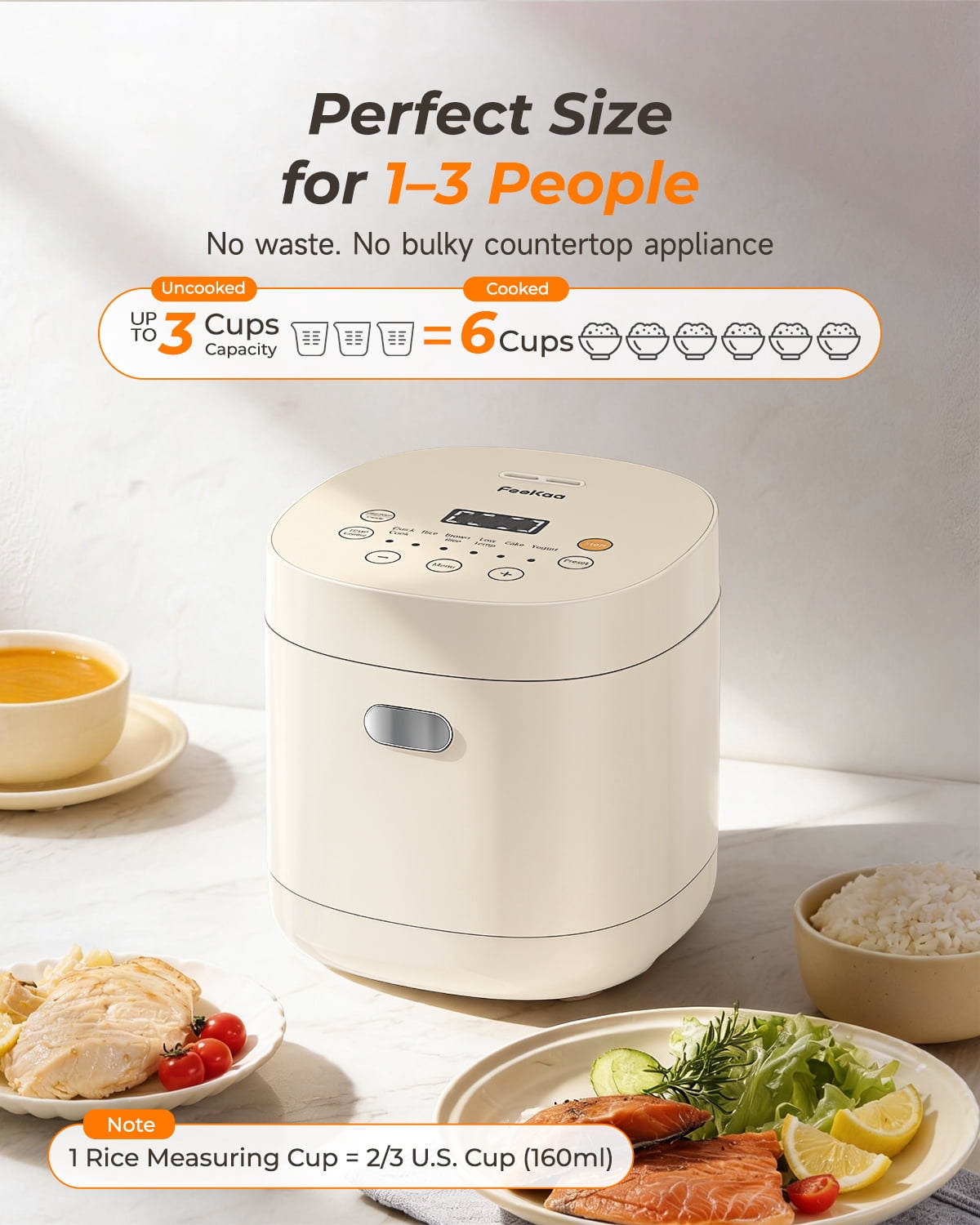 Lacidoll Low Temperature Cooking 3-Cup Uncooked / 6-Cup Cooked Electric Rice Cookers, White - Adjustable Temperature, 6 Menu Options, 12H Delay Timer