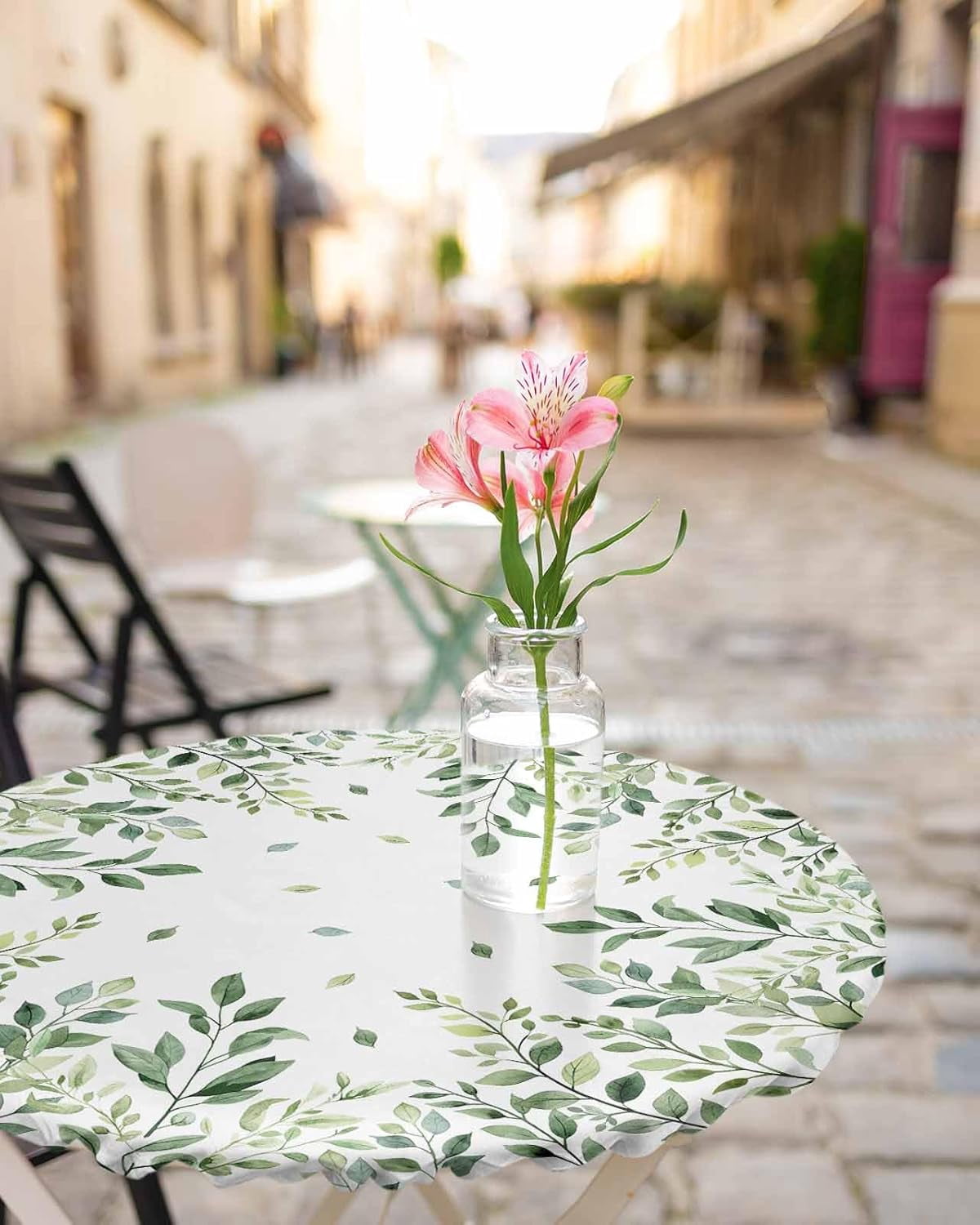 Watercolor Round Fitted Tablecloth Elastic Edged Table Cover,Spring Green Leaves Waterproof Wipeable Table Cloths for Kitchen Dining Party Fit up 45-52in Tables,Botanical Leaf on White