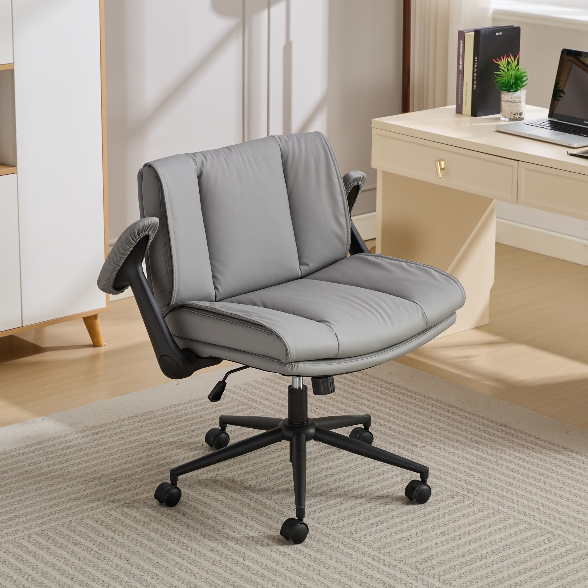 HUJHKIO Cross Legged Office Chair with Flip-Up Arms, Wide Swivel Chair, 360° Rolling Ergonomic Desk Chair, Adjustable Comfy Leather Seat for Home Office, Vanity & Study, Supports 300 lbs, Gray