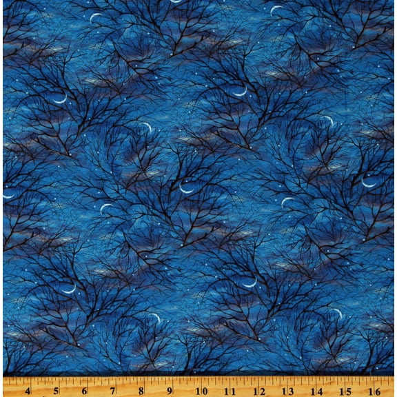 Cotton Autumn Retreat Trees Night Sky Nature Blue Cotton Fabric Print by the Yard (ARET-5582-B)