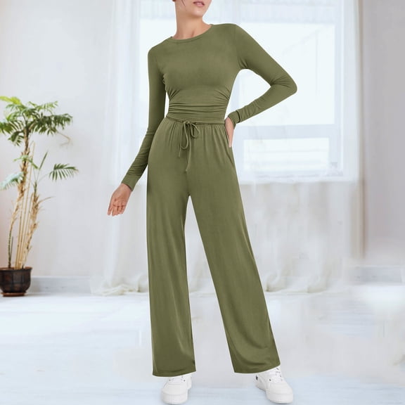 Women's 2 Piece Outfits Lounge Sets 2026 Long Sleeve Tops Wide Leg Pants Casual Matching Set
