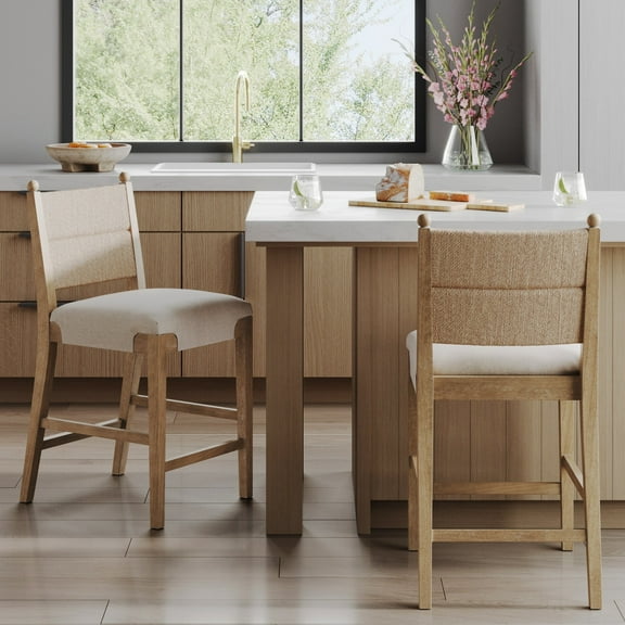 Nathan James Cove Seagrass Counter Stool Wood Upholstered Bar Stool with Natural Flax Cushion and Seagrass Backrest, Light Brown