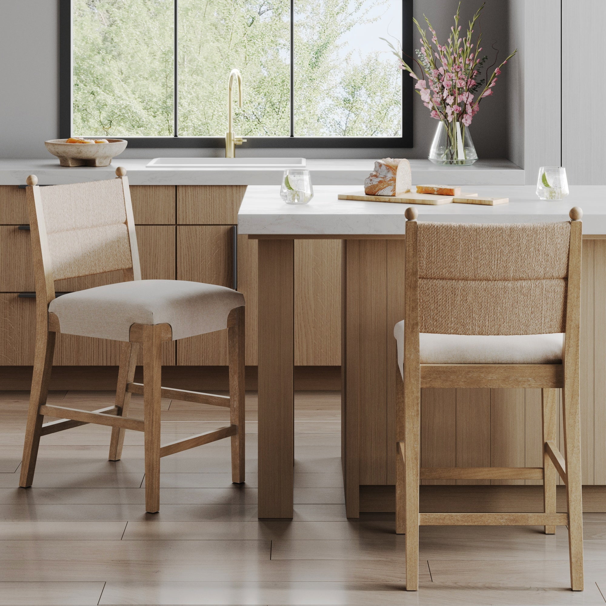 Nathan James Cove Seagrass Counter Stool Wood Upholstered Bar Stool with Natural Flax Cushion and Seagrass Backrest, Light Brown