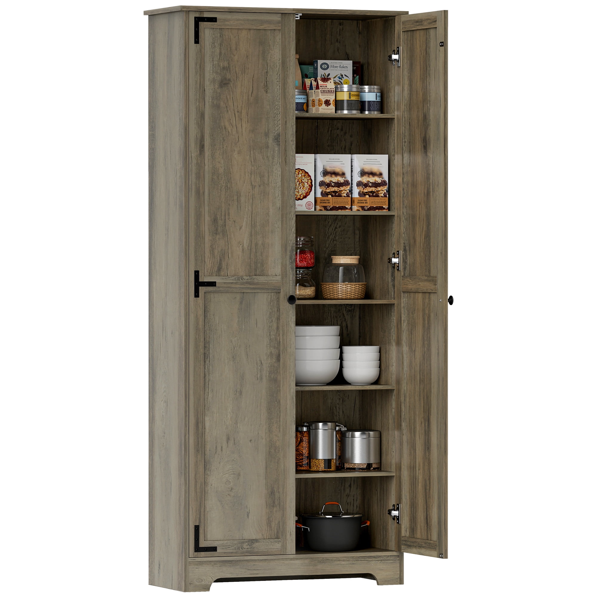 HOMCOM 72" Farmhouse Pantry Cabinet with Storage, Food Pantry Cabinet with Adjustable Shelves, Tall Storage Cabinet with 2 Doors, Distressed Gray