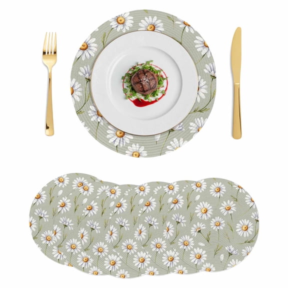 Sage Green Flower Round 13 Inch Placemats Set of 6, Vintage Watercolor Floral Leaf HeatResistant Non Slip Place Mats for Dining Table, Wipeable Braided Kitchen Table Mats for Housewarming
