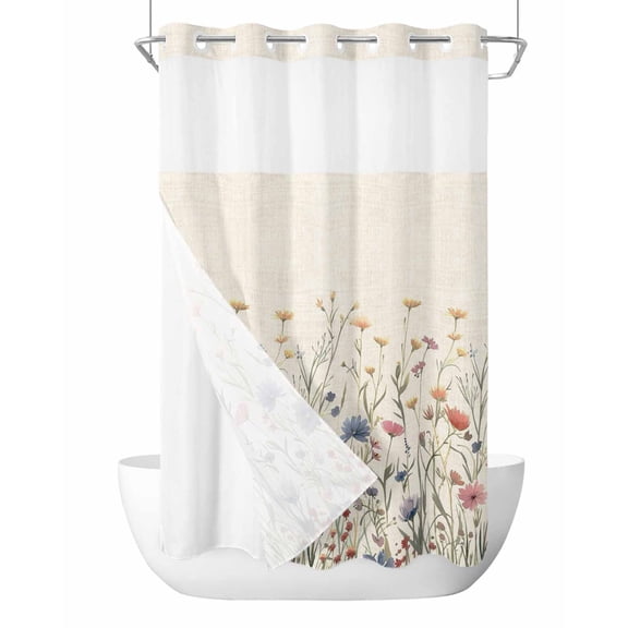 No Hook Shower Curtain with Snap in Liner Floral Shower Curtain -Fabric Waterproof Inner Liner, Watercolor Leaves Colorful Daisy Linen Background Shower Curtains Washable 36"x72"