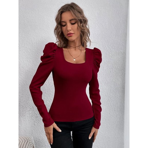 Gamvdout Square Collar Slim Fit Sheep Leg Sleeve Knitted Long Sleeved T-shirt Commuting Top