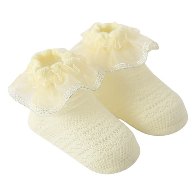 Chaussettes à Volants pour Filles Mignonnes Perles Double Dentelle Robe Princesse Coton Jaune 0-1 Ans