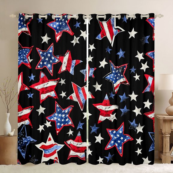 Manfei Vintage Usa Flag Stars Kitchen Curtains,Red White Navy Black Out Curtains Pack of 2 (42x63 Each)