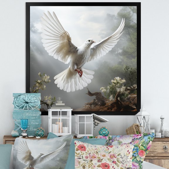 Designart "Religious Dove Above Clouds" Animals Framed Wall Art Decor - Modern White Dove Bedroom Framed Canvas Wall Art