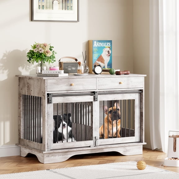 Danolapsi 47" Dog Furniture Crate,Dog Kennel Large Furniture Style Dog Crate w/ 2 Storage Draws & Removable Divider & Triple Door Design,Indoor Pet Crate Table for Large/Medium/Small Dogs