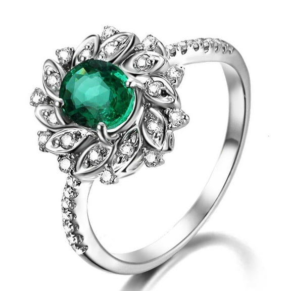 Antique Floral 1.75 Carat Green Emerald 6mm Round Cut And Moissanite Diamond Engagement Ring in 10k White Gold