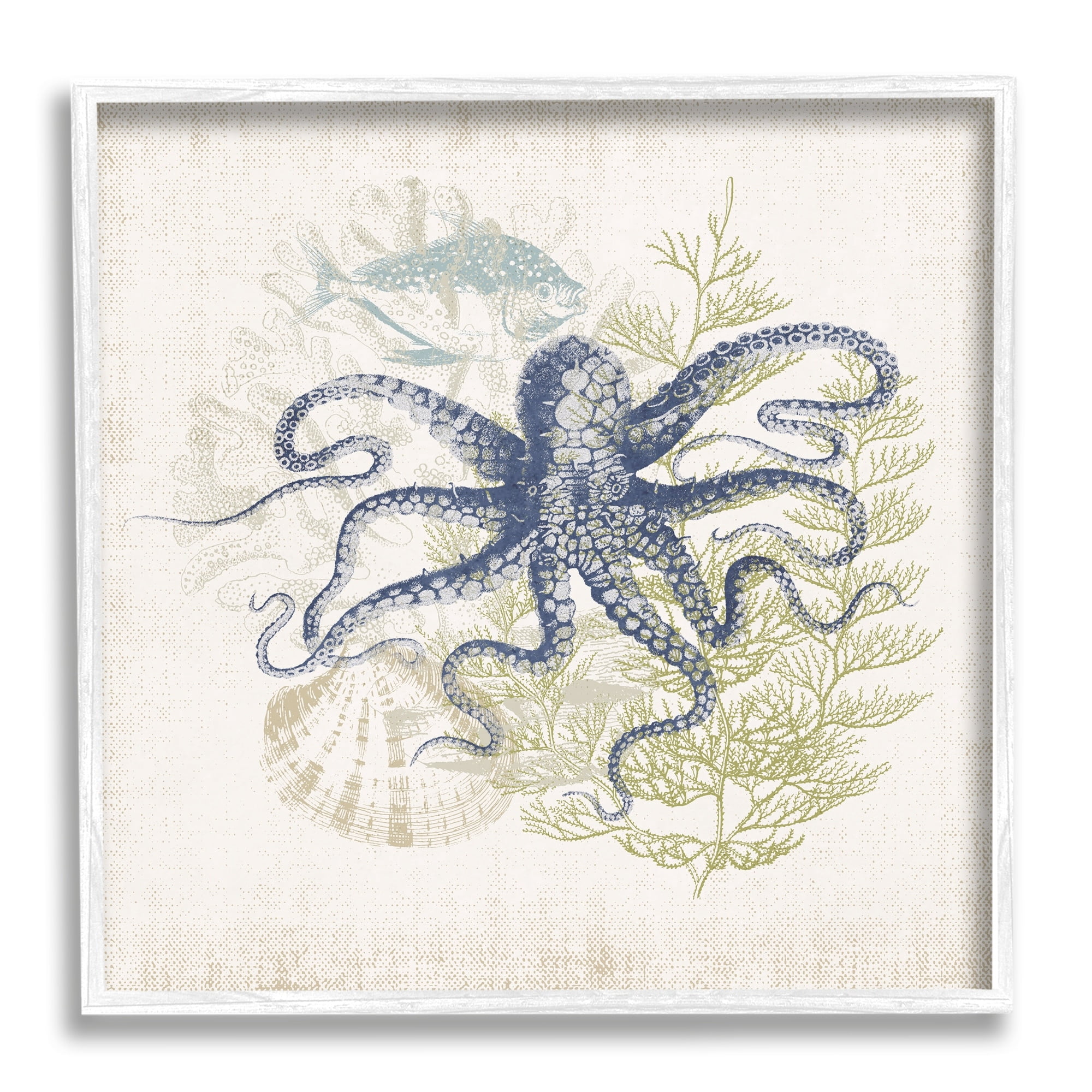 Stupell Industries Weathered Sea Life Overlay Pattern Aquatic Octopus Graphic Art White Framed Art Print Wall Art, Design by Victoria Barnes