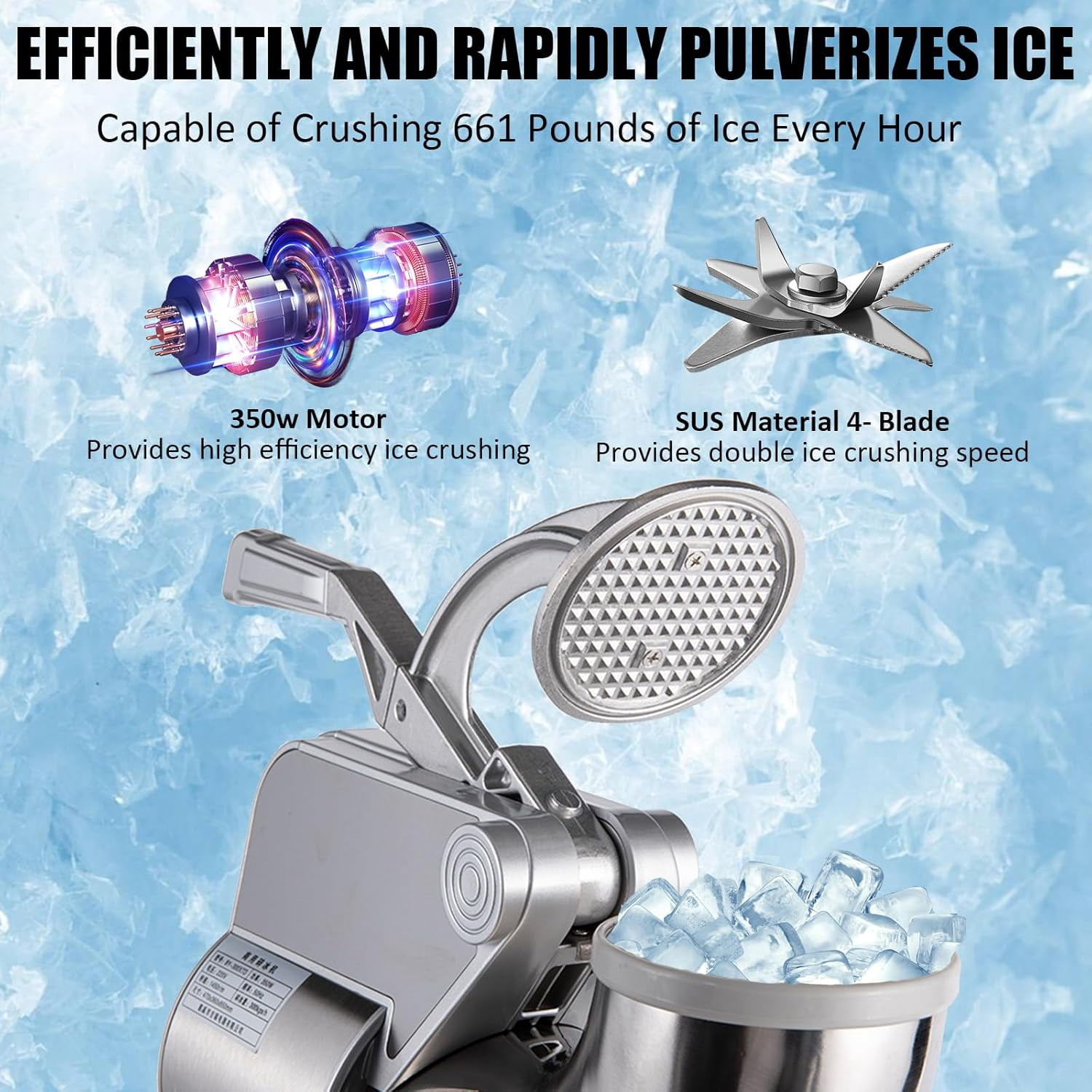 661 LBS/H Commercial Ice Crusher, 350W Electric Snow Cone Machine with 4 Blades, Stainless Steel Shaved Ice Machine with 38 L Ice Storage Box for Restaurants, Bars, Home and Commercial Use