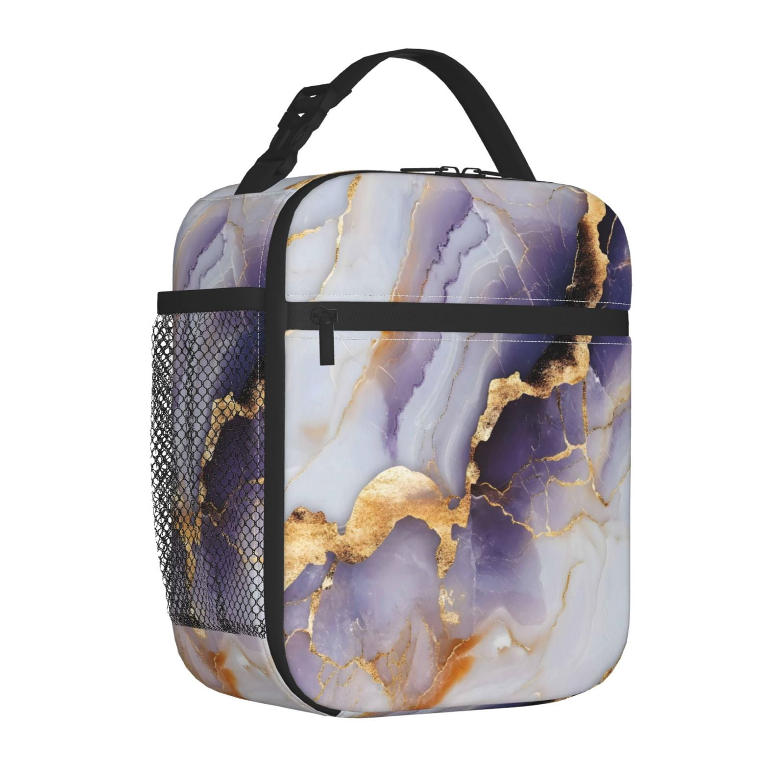 Lunch Bag For Women Men Insulated Portable Lunch Box Bento Box Office Picnic Travel Cooler Bag Purple-White-Gold Marble