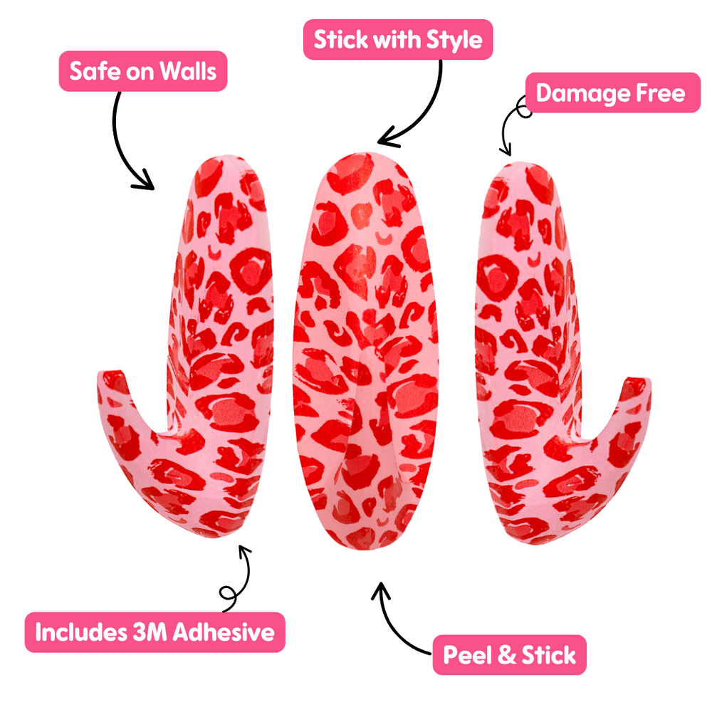 WallCandy Pink Cheetah Stick-On Wall Hooks with 3M Command Strips | 3 Pack