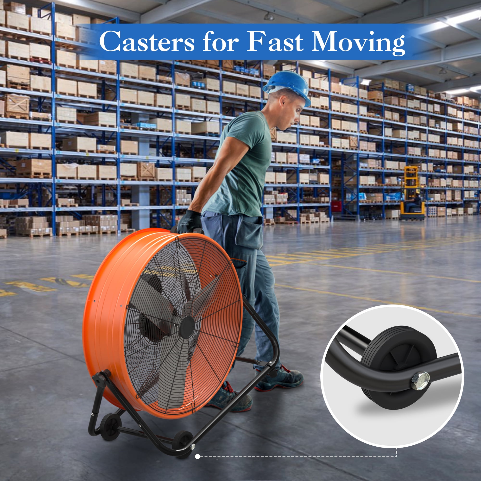 24” Industrial Drum Fan, PRO CHOICE 9260 CFM High Velocity Floor Fan, 3 Speed Air Circulator w/180°Tilt, Orange