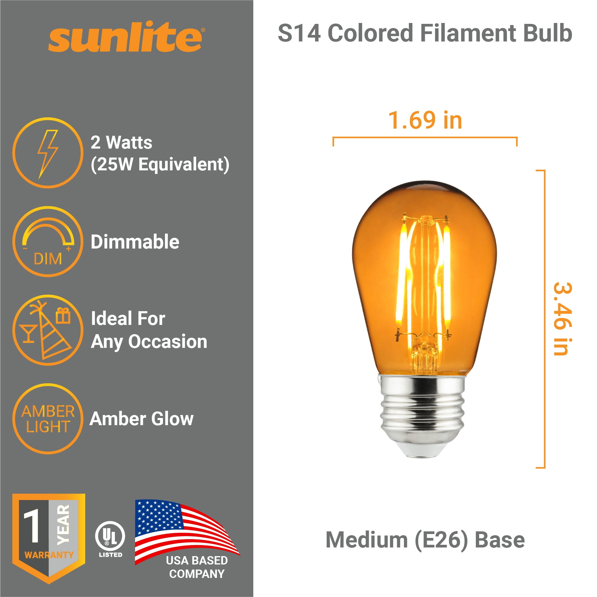 Sunlite LED S14 String Light Bulb, 2 Watts (25W Equivalent), Medium E26 Base, Party Decoration, Holiday Lighting, Transparent, Dimmable, UL Listed, Amber, 6 Count