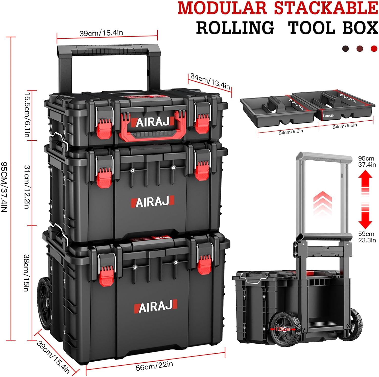 AIRAJ Rolling Modular Stackable Tool Box Organizer with Wheels,Waterproof Toolbox for Hand/Power Tools,Removable Divider/Parts Box,All-Terrain Durable Wheels,Telescopic Pull Rod Handle