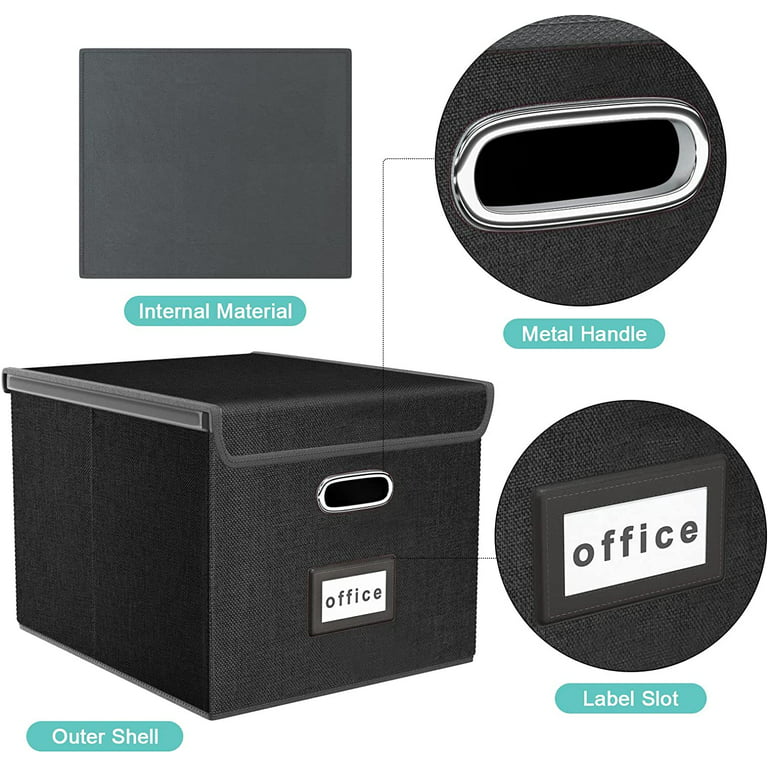 Black Foldable File Storage Box with Lid, Gold Accents, and Metal