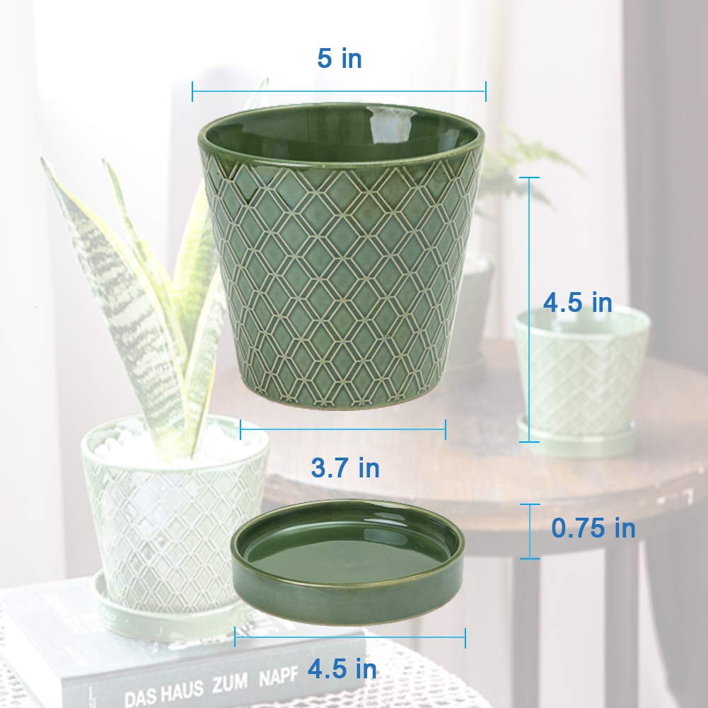 BUYMAX 5" Ceramic plant pots with drainage hole and tray, 4-Pack-4-patterns, gardening home desktop office windowsill decoration， patina flower pots indoor