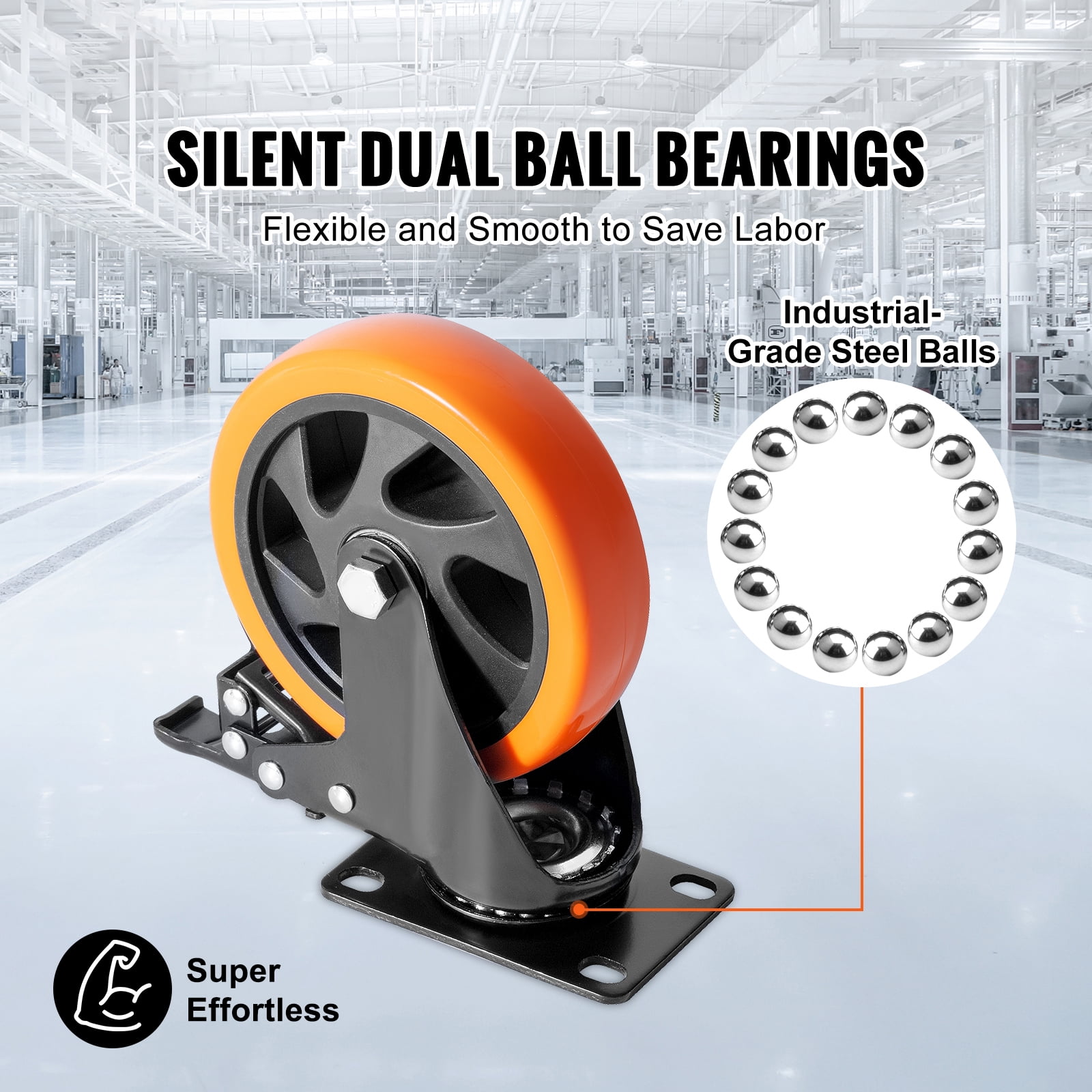 KFFKFF Rolling Casters, 5-inch Rotating Plate Casters, Pack of 4, Equipped with Secure A/B Locking Silent PVC Wheels, Robust 450 lbs Weight Limit Per Caster, Scratch-Free Wheels