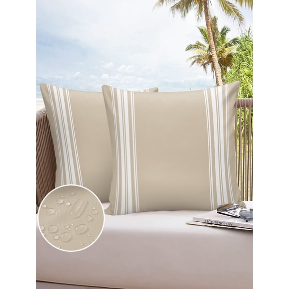 Outdoor Throw Pillow Cover Minimalist Modern Geometric Lines Waterproof Cushion Covers 2 Pack White Stripe on Khaki Back Pillow Cases Home Decoration for Patio Garden Couch Sofa